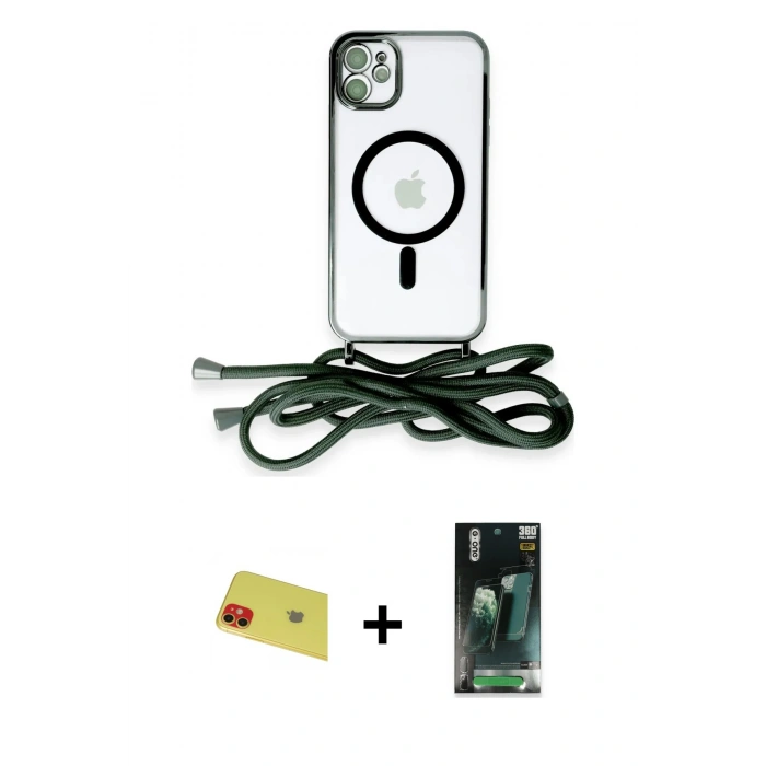 MARSİLYAN™- iPhone 11 Kılıf Eksen Özel Seri - Şeffaf 360 Full Body Arka Koruyucu + Rainbow Kamera Lens Koruma Cam - KI