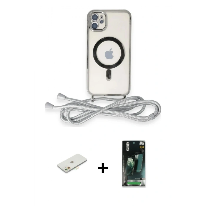 MARSİLYAN™- iPhone 11 Kılıf Eksen Özel Seri - Şeffaf 360 Full Body Arka Koruyucu + Renkli Kamera Lens Koruma Cam - TU