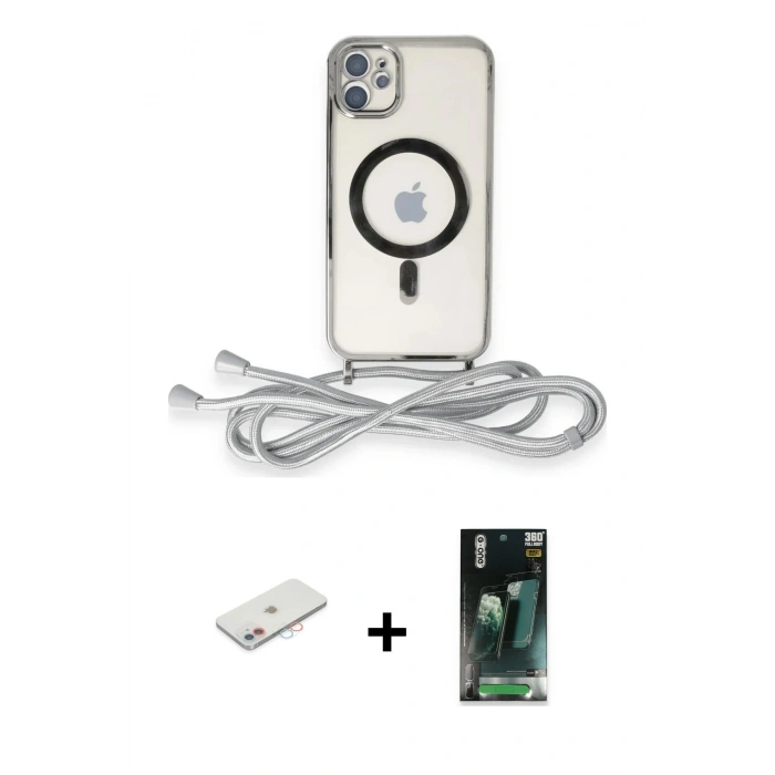 MARSİLYAN™- iPhone 11 Kılıf Eksen Özel Seri - Şeffaf 360 Full Body Arka Koruyucu + Renkli Kamera Lens Koruma Cam - PE
