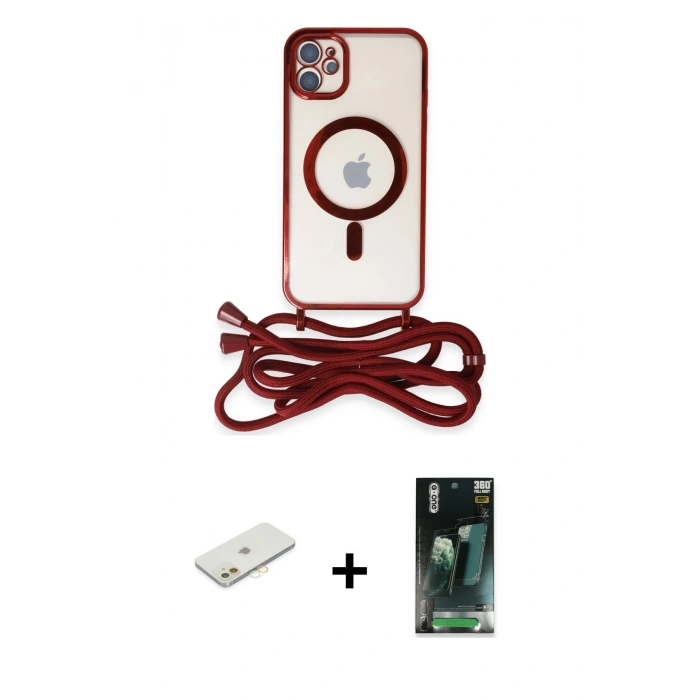 MARSİLYAN™- iPhone 11 Kılıf Eksen Özel Seri - Şeffaf 360 Full Body Arka Koruyucu + Renkli Kamera Lens Koruma Cam - TU