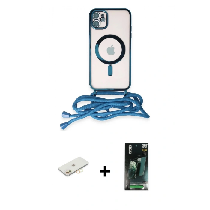 MARSİLYAN™- iPhone 11 Kılıf Eksen Özel Seri - Şeffaf 360 Full Body Arka Koruyucu + Renkli Kamera Lens Koruma Cam - SI