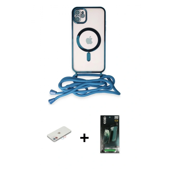 MARSİLYAN™- iPhone 11 Kılıf Eksen Özel Seri - Şeffaf 360 Full Body Arka Koruyucu + Renkli Kamera Lens Koruma Cam - PE