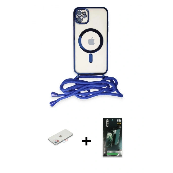 MARSİLYAN™- iPhone 11 Kılıf Eksen Özel Seri - Şeffaf 360 Full Body Arka Koruyucu + Renkli Kamera Lens Koruma Cam - PE