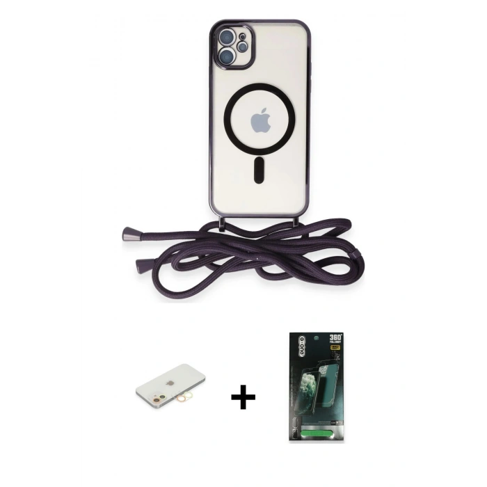 MARSİLYAN™- iPhone 11 Kılıf Eksen Özel Seri - Şeffaf 360 Full Body Arka Koruyucu + Renkli Kamera Lens Koruma Cam - SI