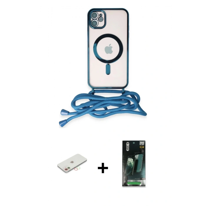 MARSİLYAN™- iPhone 11 Kılıf Eksen Özel Seri - Şeffaf 360 Full Body Arka Koruyucu + Renkli Kamera Lens Koruma Cam - YL