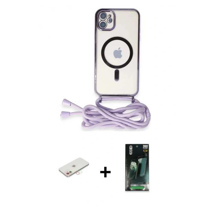MARSİLYAN™- iPhone 11 Kılıf Eksen Özel Seri - Şeffaf 360 Full Body Arka Koruyucu + Renkli Kamera Lens Koruma Cam - YL