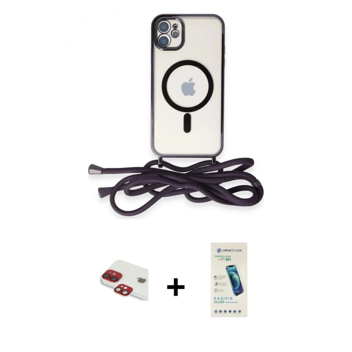MARSİLYAN™- iPhone 11 Kılıf Eksen Özel Seri - Şeffaf Pasifik Cam Ekran Koruyucu + Pers Alüminyum Kamera Lens - KI
