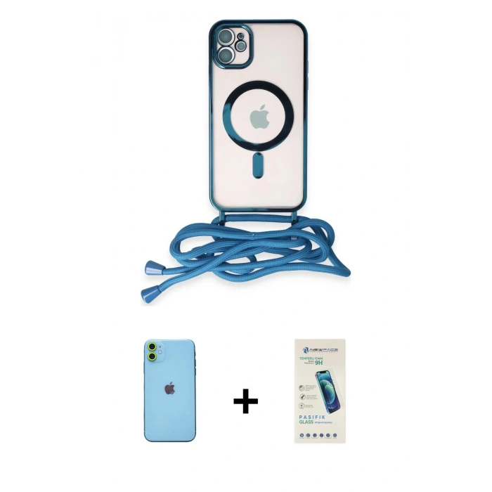 MARSİLYAN™- iPhone 11 Kılıf Eksen Özel Seri - Şeffaf Pasifik Cam Ekran Koruyucu + Neon Fosforlu Kamera Lens - YL