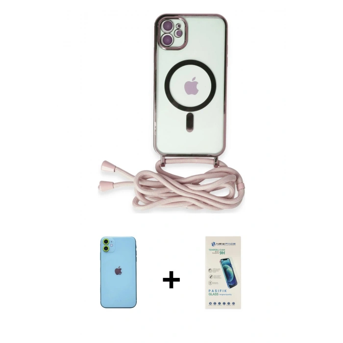 MARSİLYAN™- iPhone 11 Kılıf Eksen Özel Seri - Şeffaf Pasifik Cam Ekran Koruyucu + Neon Fosforlu Kamera Lens - YL