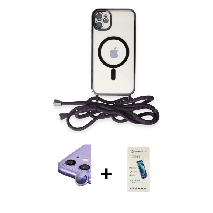 MARSİLYAN™- iPhone 11 Kılıf Eksen Özel Seri - Şeffaf Pasifik Cam Ekran Koruyucu + Raze Metal Kamera Lens - MR