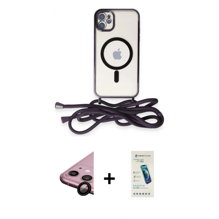MARSİLYAN™- iPhone 11 Kılıf Eksen Özel Seri - Şeffaf Pasifik Cam Ekran Koruyucu + Raze Metal Kamera Lens - SH