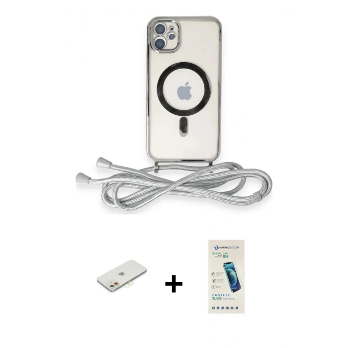 MARSİLYAN™- iPhone 11 Kılıf Eksen Özel Seri - Şeffaf Pasifik Cam Ekran Koruyucu + Renkli Kamera Lens Koruma Cam - TU
