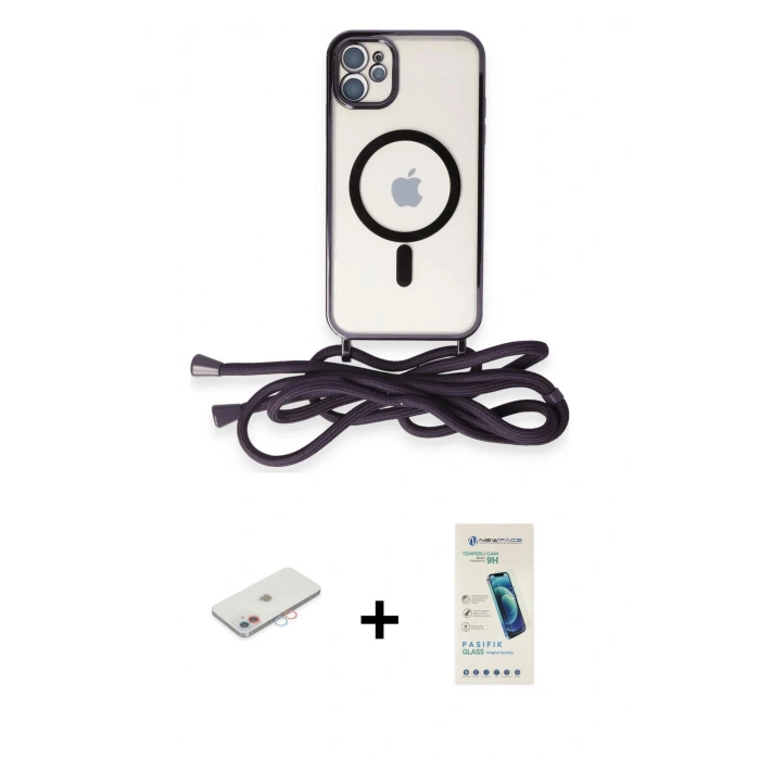 MARSİLYAN™- iPhone 11 Kılıf Eksen Özel Seri - Şeffaf Pasifik Cam Ekran Koruyucu + Renkli Kamera Lens Koruma Cam - PE
