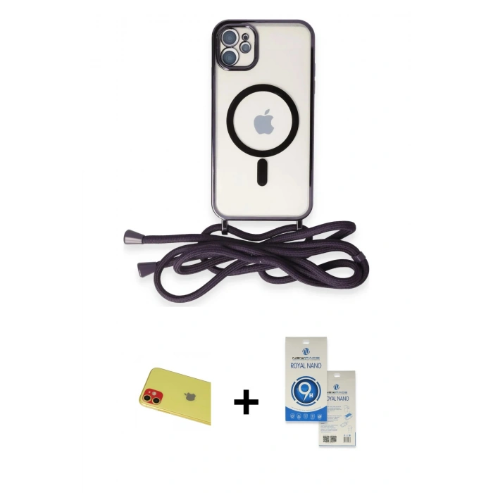 MARSİLYAN™- iPhone 11 Kılıf Eksen Özel Seri - Şeffaf Royal Nano Ekran Koruyucu + Rainbow Kamera Lens Koruma Cam - KI