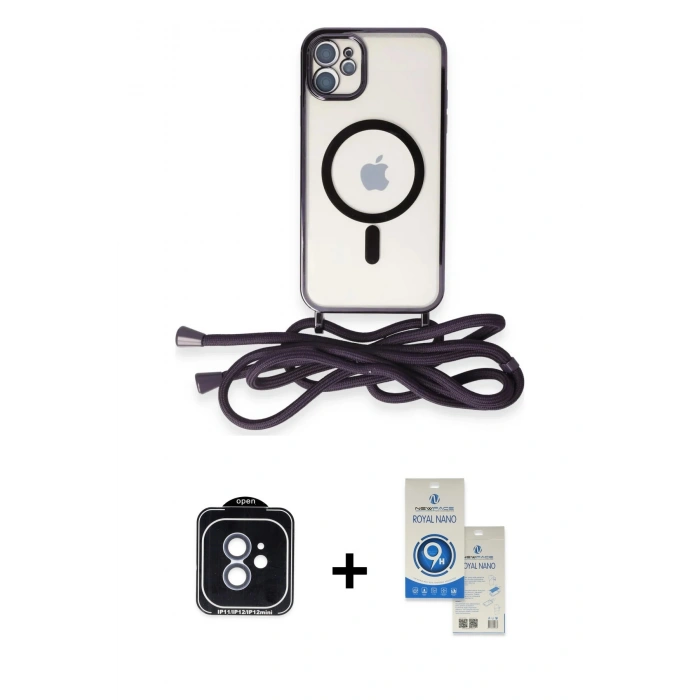MARSİLYAN™- iPhone 11 Kılıf Eksen Özel Seri - Şeffaf Royal Nano Ekran Koruyucu + PVD Metal Kamera Lens - MI