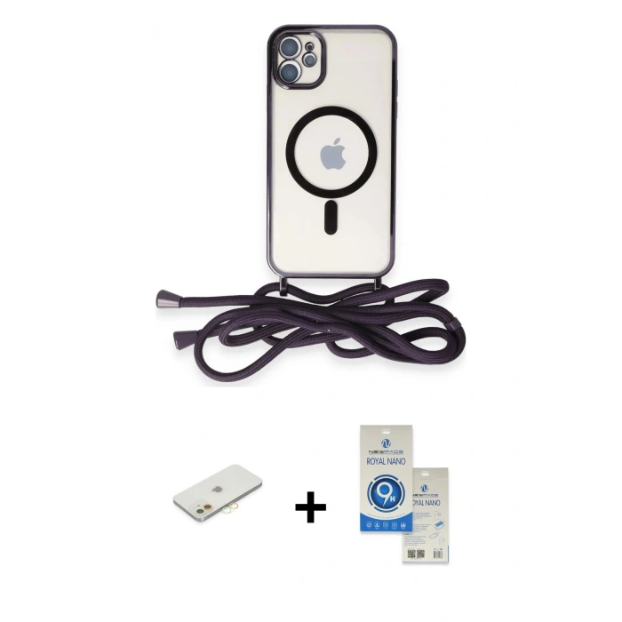 MARSİLYAN™- iPhone 11 Kılıf Eksen Özel Seri - Şeffaf Royal Nano Ekran Koruyucu + Renkli Kamera Lens Koruma Cam - TU