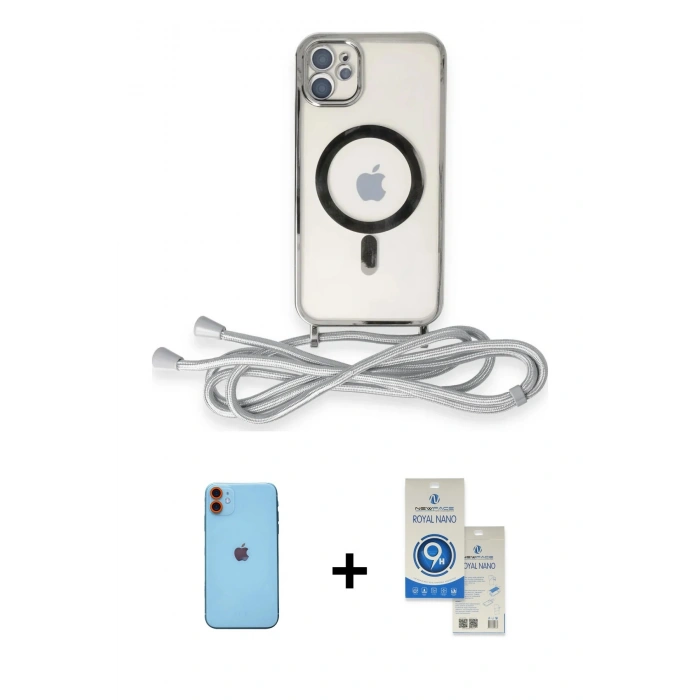 MARSİLYAN™- iPhone 11 Kılıf Eksen Özel Seri - Şeffaf Royal Nano Ekran Koruyucu + Neon Fosforlu Kamera Lens - TU
