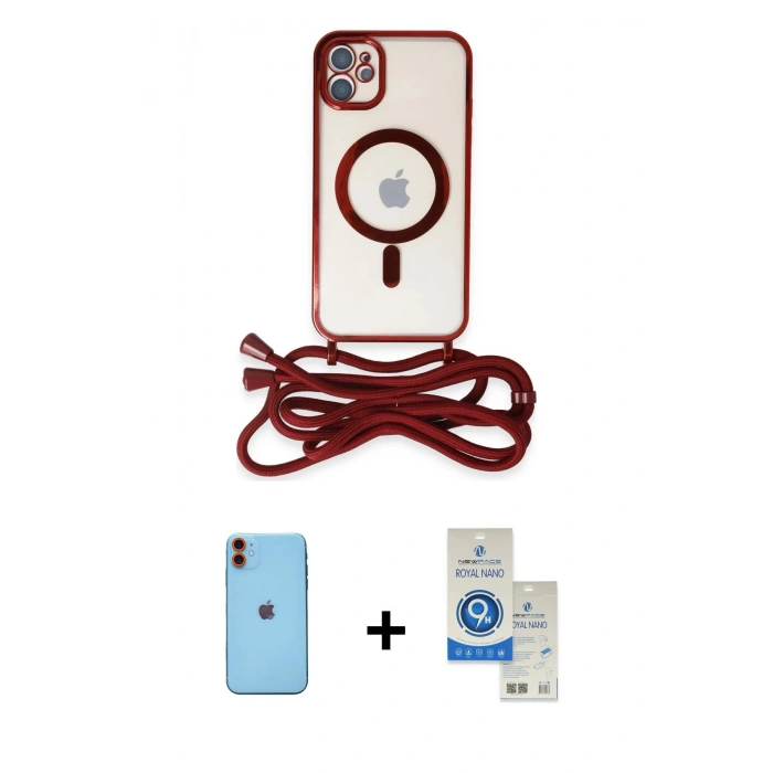 MARSİLYAN™- iPhone 11 Kılıf Eksen Özel Seri - Şeffaf Royal Nano Ekran Koruyucu + Neon Fosforlu Kamera Lens - TU