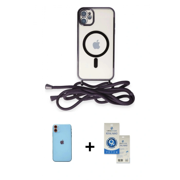 MARSİLYAN™- iPhone 11 Kılıf Eksen Özel Seri - Şeffaf Royal Nano Ekran Koruyucu + Neon Fosforlu Kamera Lens - TU