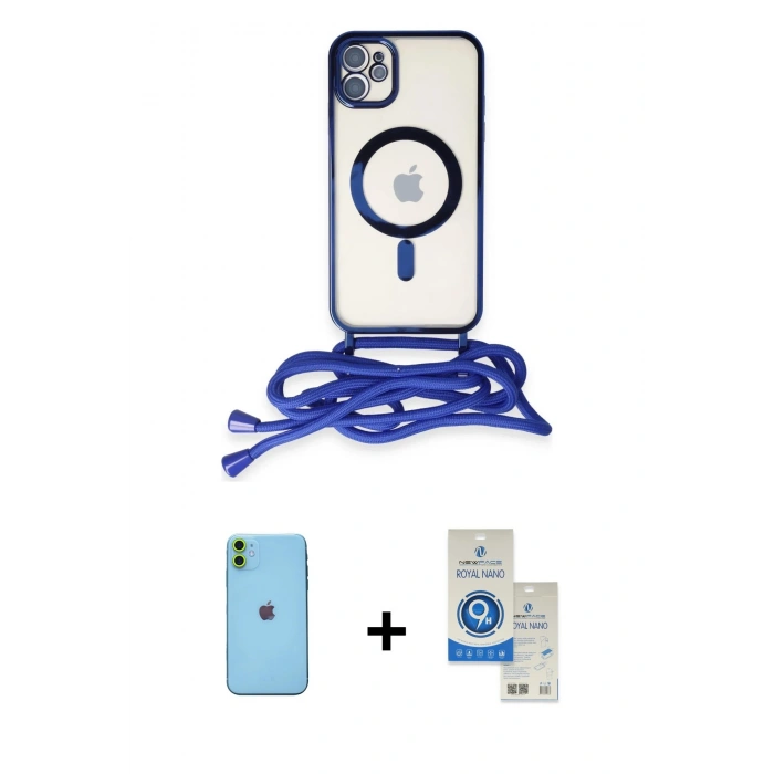MARSİLYAN™- iPhone 11 Kılıf Eksen Özel Seri - Şeffaf Royal Nano Ekran Koruyucu + Neon Fosforlu Kamera Lens - YL