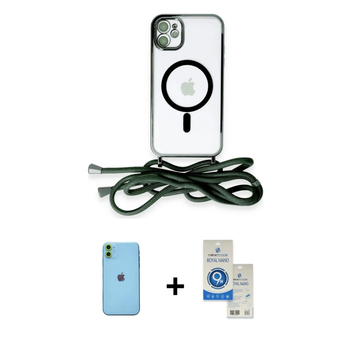 MARSİLYAN™- iPhone 11 Kılıf Eksen Özel Seri - Şeffaf Royal Nano Ekran Koruyucu + Neon Fosforlu Kamera Lens - YL