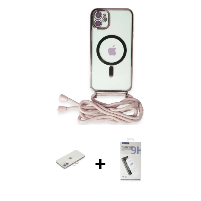 MARSİLYAN™- iPhone 11 Kılıf Eksen Özel Seri - Şeffaf Uv Polymer Nano Ekran Koruyucu + Pembe Renkli Kamera Lens Koruma Cam