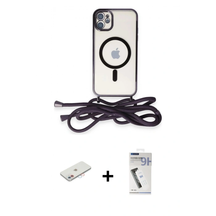 MARSİLYAN™- iPhone 11 Kılıf Eksen Özel Seri - Şeffaf Uv Polymer Nano Ekran Koruyucu + Pembe Renkli Kamera Lens Koruma Cam