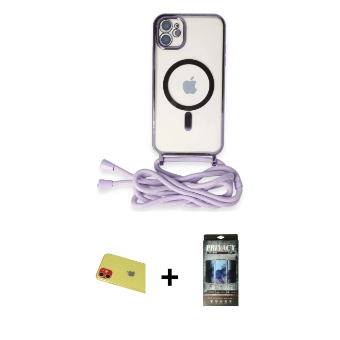 MARSİLYAN™- iPhone 11 Kılıf Eksen Özel Seri - Siyah 34D Hayalet Izgaralı Cam + Rainbow Kamera Lens Koruma Cam - KI