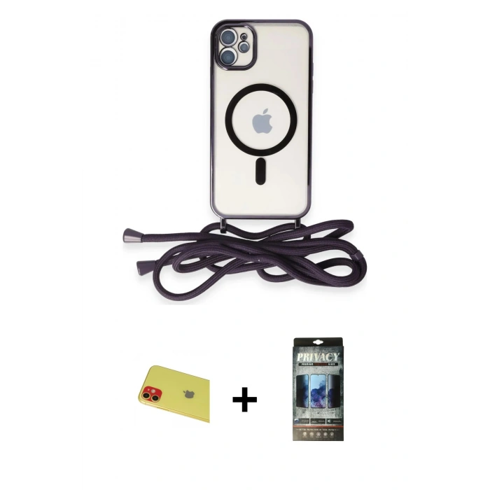 MARSİLYAN™- iPhone 11 Kılıf Eksen Özel Seri - Siyah 34D Hayalet Izgaralı Cam + Rainbow Kamera Lens Koruma Cam - KI