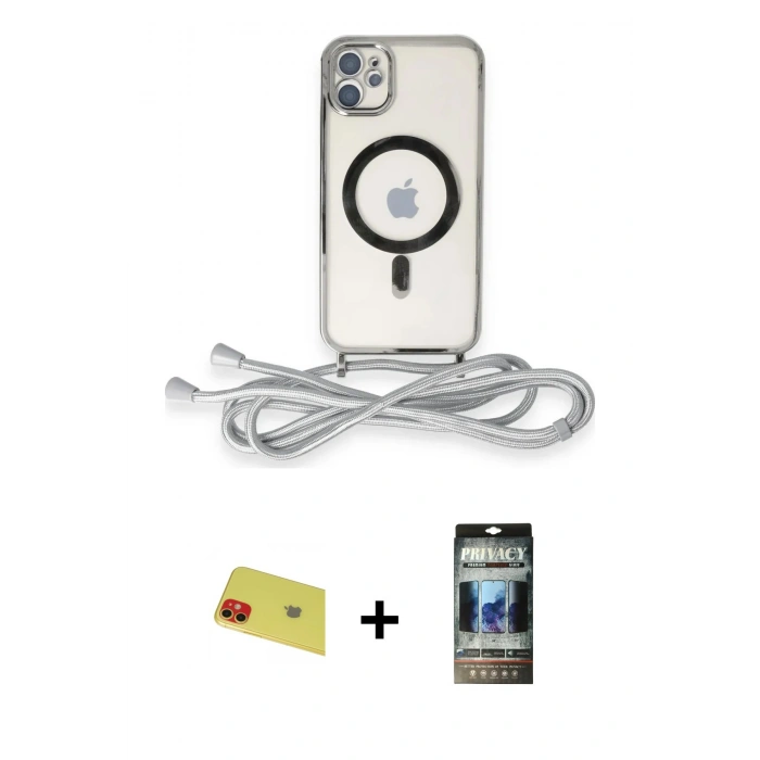 MARSİLYAN™- iPhone 11 Kılıf Eksen Özel Seri - Siyah 34D Hayalet Izgaralı Cam + Rainbow Kamera Lens Koruma Cam - KI