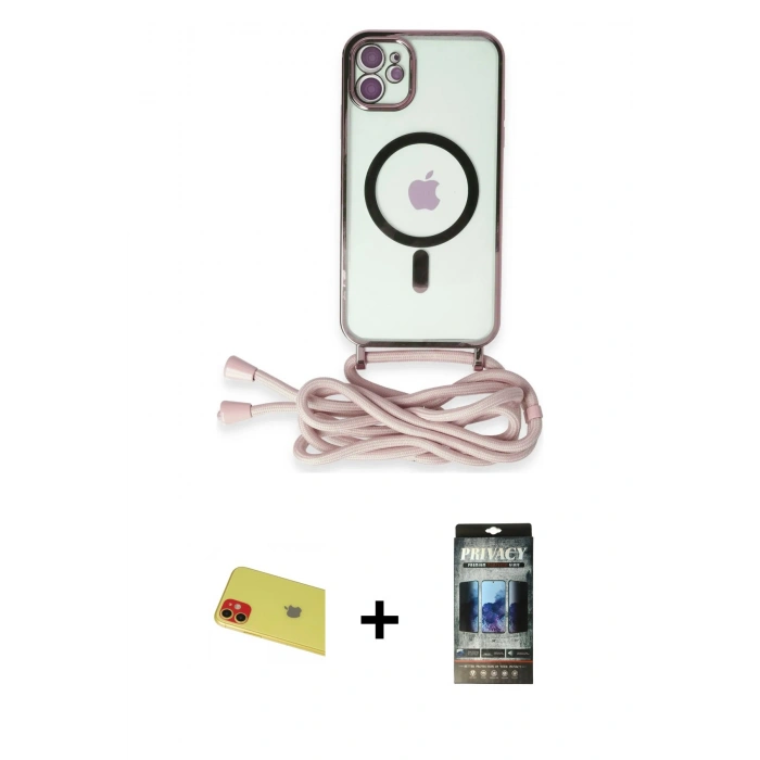MARSİLYAN™- iPhone 11 Kılıf Eksen Özel Seri - Siyah 34D Hayalet Izgaralı Cam + Rainbow Kamera Lens Koruma Cam - KI