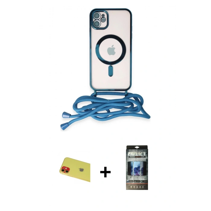 MARSİLYAN™- iPhone 11 Kılıf Eksen Özel Seri - Siyah 34D Hayalet Izgaralı Cam + Rainbow Kamera Lens Koruma Cam - KI