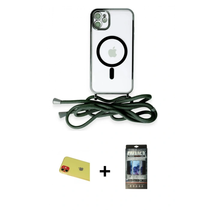 MARSİLYAN™- iPhone 11 Kılıf Eksen Özel Seri - Siyah 34D Hayalet Izgaralı Cam + Rainbow Kamera Lens Koruma Cam - KI