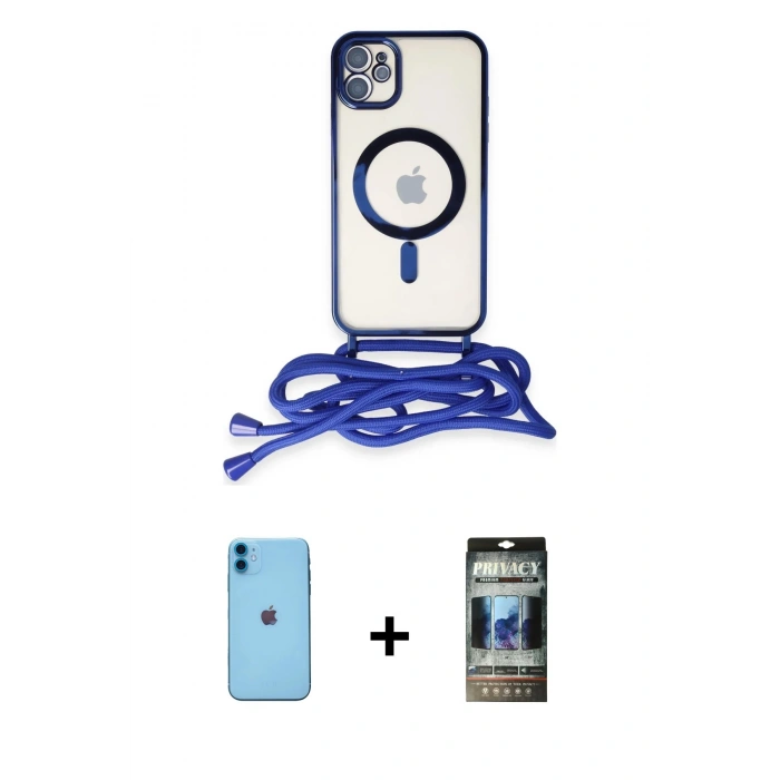MARSİLYAN™- iPhone 11 Kılıf Eksen Özel Seri - Siyah 34D Hayalet Izgaralı Cam + Neon Fosforlu Kamera Lens - MI