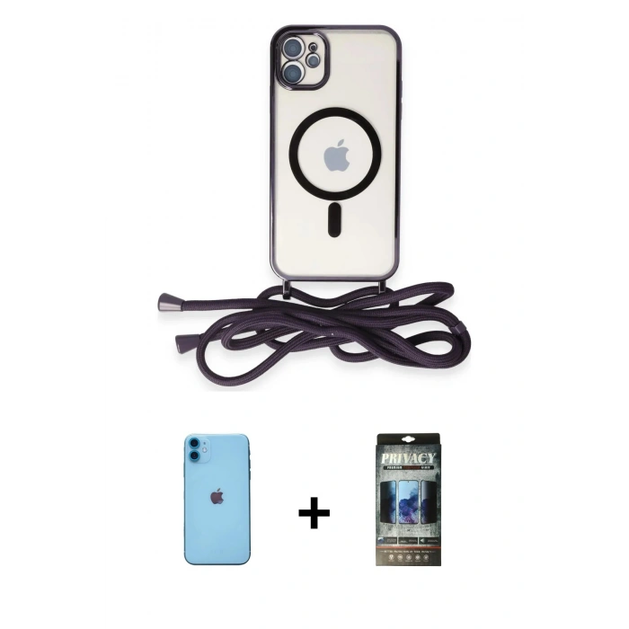 MARSİLYAN™- iPhone 11 Kılıf Eksen Özel Seri - Siyah 34D Hayalet Izgaralı Cam + Neon Fosforlu Kamera Lens - MI