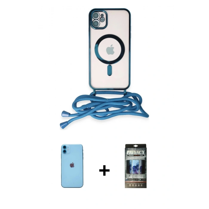 MARSİLYAN™- iPhone 11 Kılıf Eksen Özel Seri - Siyah 34D Hayalet Izgaralı Cam + Neon Fosforlu Kamera Lens - MI