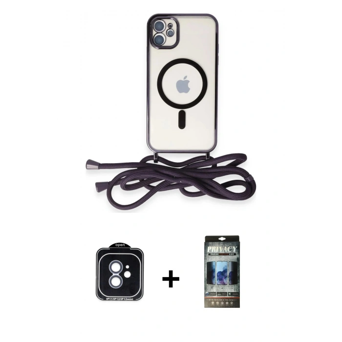 MARSİLYAN™- iPhone 11 Kılıf Eksen Özel Seri - Siyah 34D Hayalet Izgaralı Cam + PVD Metal Kamera Lens - MI