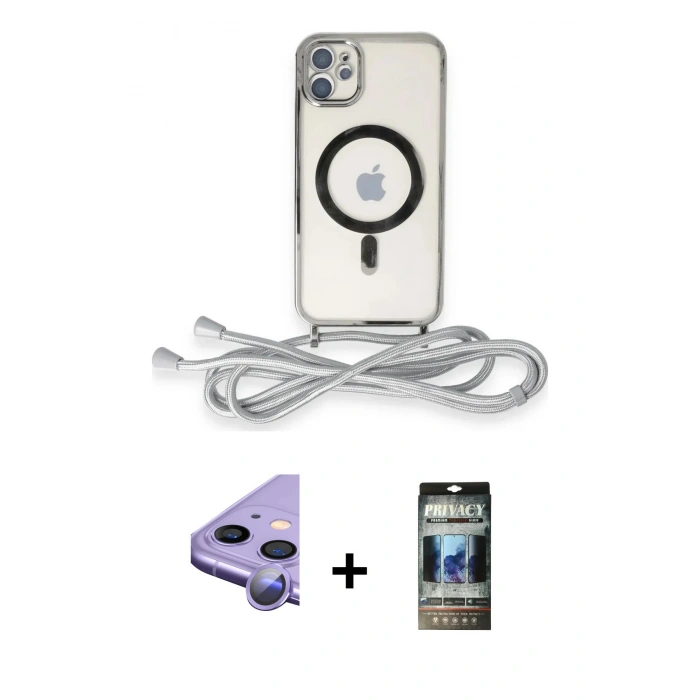 MARSİLYAN™- iPhone 11 Kılıf Eksen Özel Seri - Siyah 34D Hayalet Izgaralı Cam + Raze Metal Kamera Lens - MR