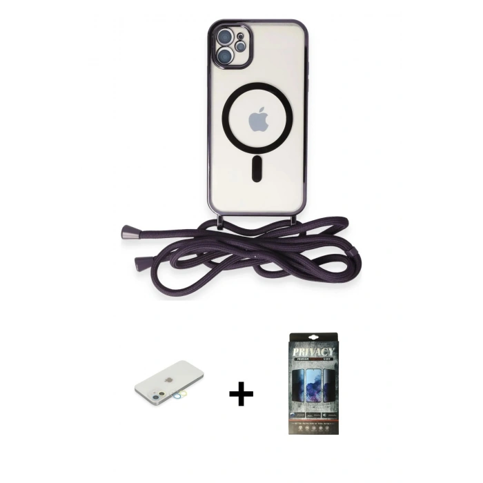 MARSİLYAN™- iPhone 11 Kılıf Eksen Özel Seri - Siyah 34D Hayalet Izgaralı Cam + Renkli Kamera Lens Koruma Cam - SI