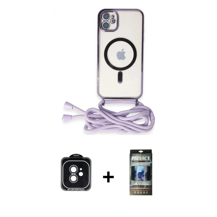 MARSİLYAN™- iPhone 11 Kılıf Eksen Özel Seri - Siyah 34D Hayalet Izgaralı Cam + PVD Metal Kamera Lens - SH