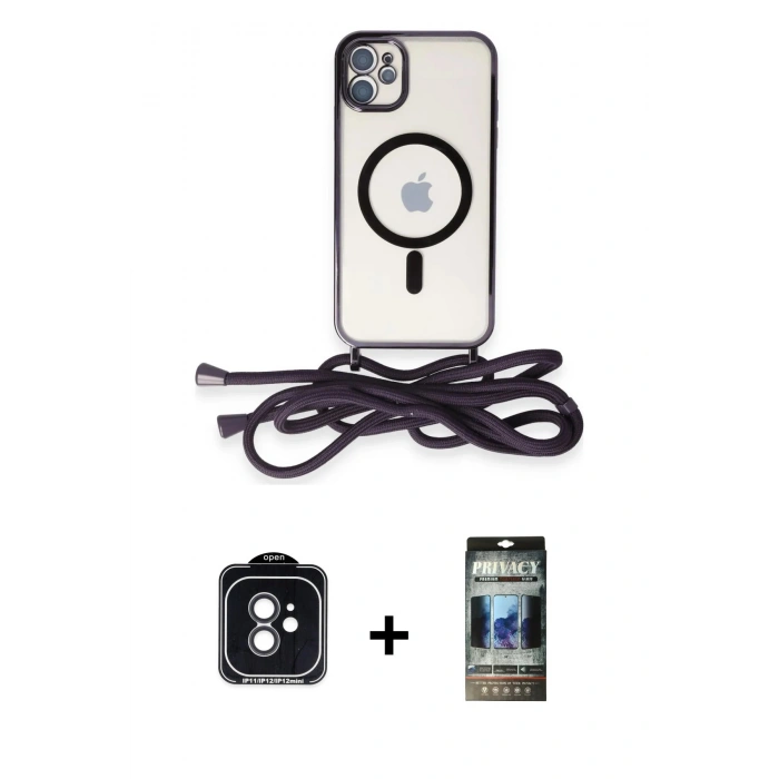 MARSİLYAN™- iPhone 11 Kılıf Eksen Özel Seri - Siyah 34D Hayalet Izgaralı Cam + PVD Metal Kamera Lens - SH