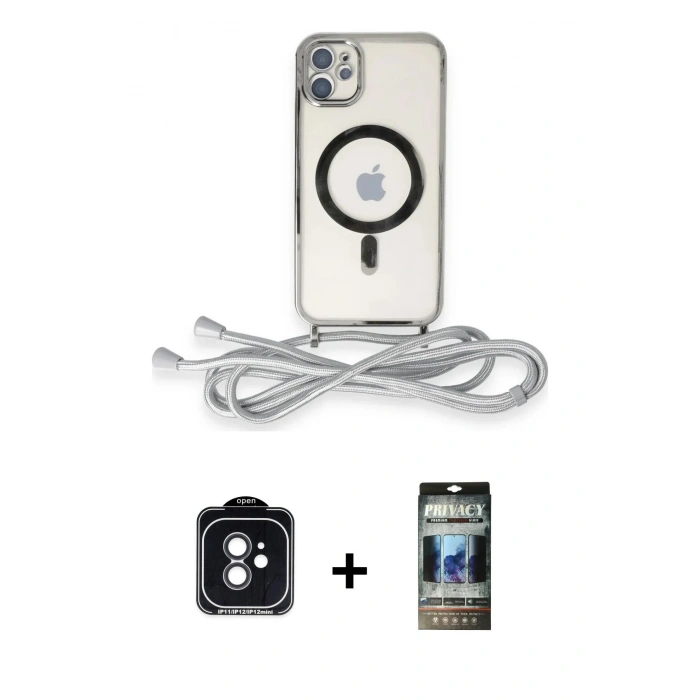 MARSİLYAN™- iPhone 11 Kılıf Eksen Özel Seri - Siyah 34D Hayalet Izgaralı Cam + PVD Metal Kamera Lens - SH