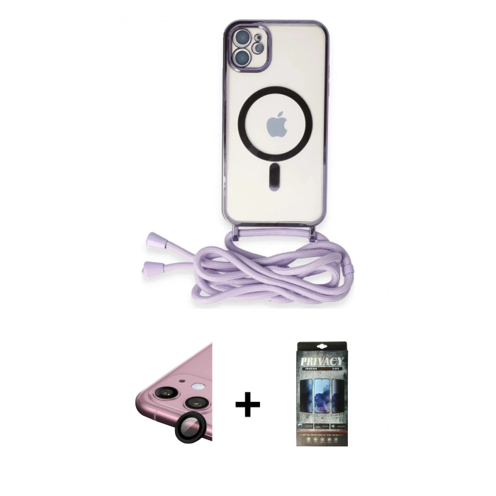 MARSİLYAN™- iPhone 11 Kılıf Eksen Özel Seri - Siyah 34D Hayalet Izgaralı Cam + Raze Metal Kamera Lens - SH