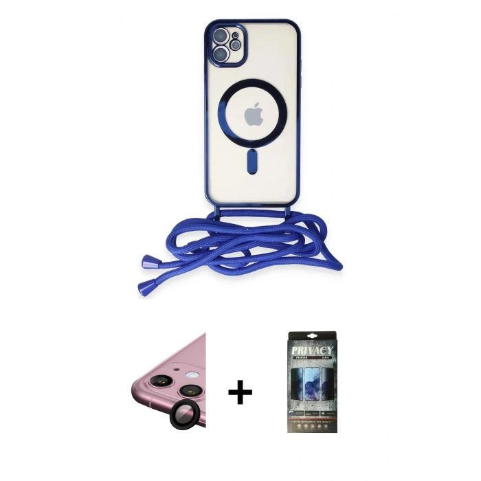 MARSİLYAN™- iPhone 11 Kılıf Eksen Özel Seri - Siyah 34D Hayalet Izgaralı Cam + Raze Metal Kamera Lens - SH