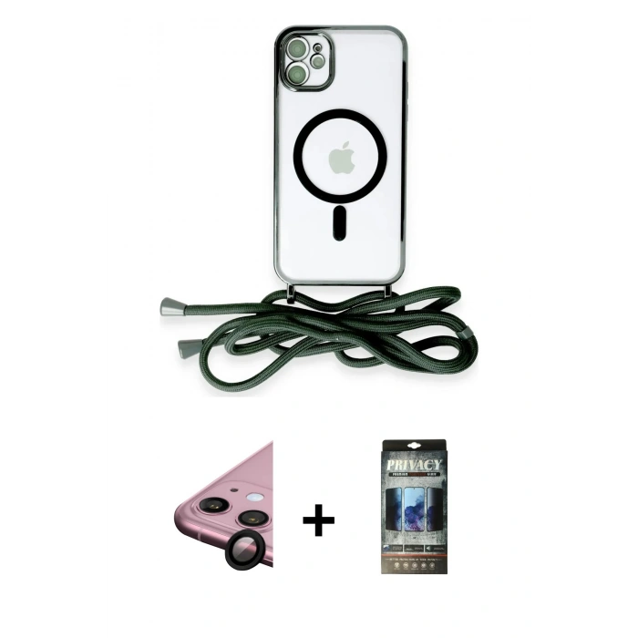 MARSİLYAN™- iPhone 11 Kılıf Eksen Özel Seri - Siyah 34D Hayalet Izgaralı Cam + Raze Metal Kamera Lens - SH