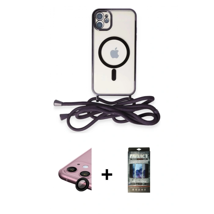 MARSİLYAN™- iPhone 11 Kılıf Eksen Özel Seri - Siyah 34D Hayalet Izgaralı Cam + Raze Metal Kamera Lens - SH