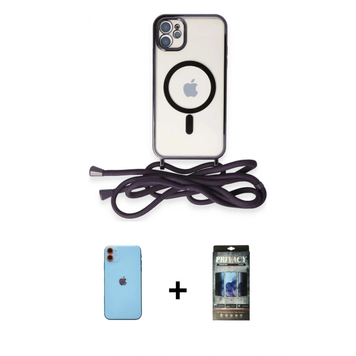 MARSİLYAN™- iPhone 11 Kılıf Eksen Özel Seri - Siyah 34D Hayalet Izgaralı Cam + Neon Fosforlu Kamera Lens - TU