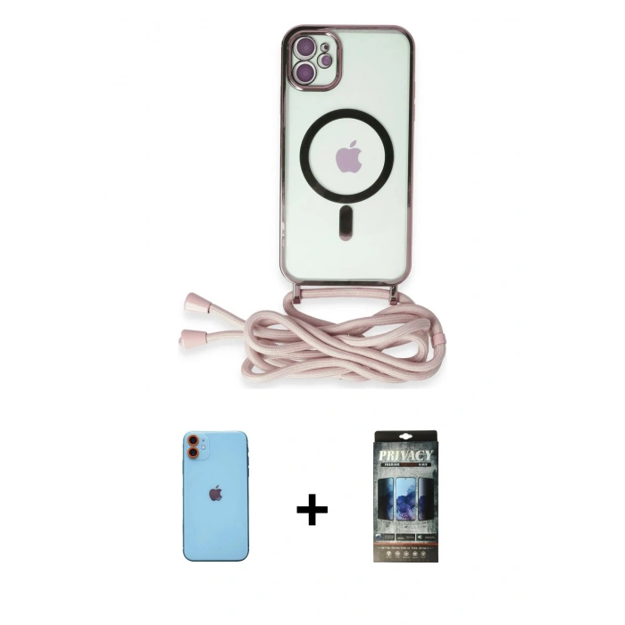 MARSİLYAN™- iPhone 11 Kılıf Eksen Özel Seri - Siyah 34D Hayalet Izgaralı Cam + Neon Fosforlu Kamera Lens - TU