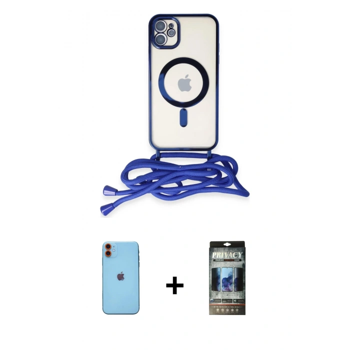 MARSİLYAN™- iPhone 11 Kılıf Eksen Özel Seri - Siyah 34D Hayalet Izgaralı Cam + Neon Fosforlu Kamera Lens - TU