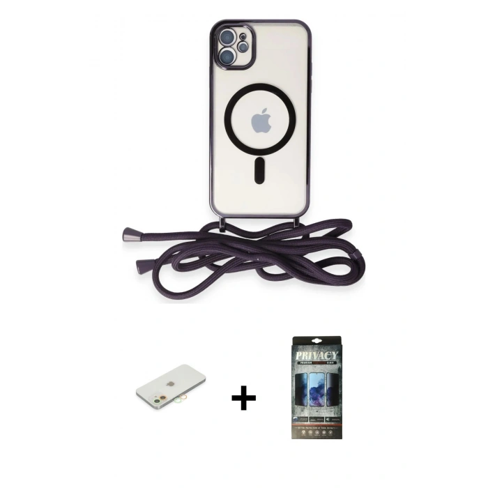 MARSİLYAN™- iPhone 11 Kılıf Eksen Özel Seri - Siyah 34D Hayalet Izgaralı Cam + Renkli Kamera Lens Koruma Cam - TU